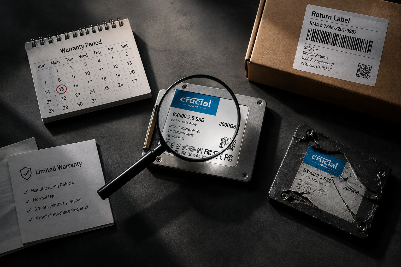 Flat-lay of an SSD with symbolic items representing warranty eligibility factors