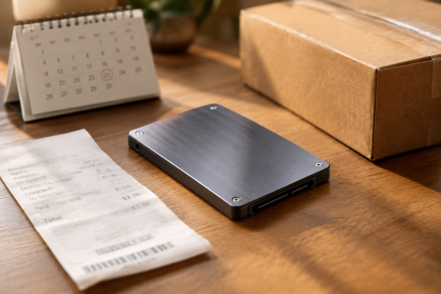 Conceptual image representing factors that affect SSD warranty eligibility, including receipt and packaging