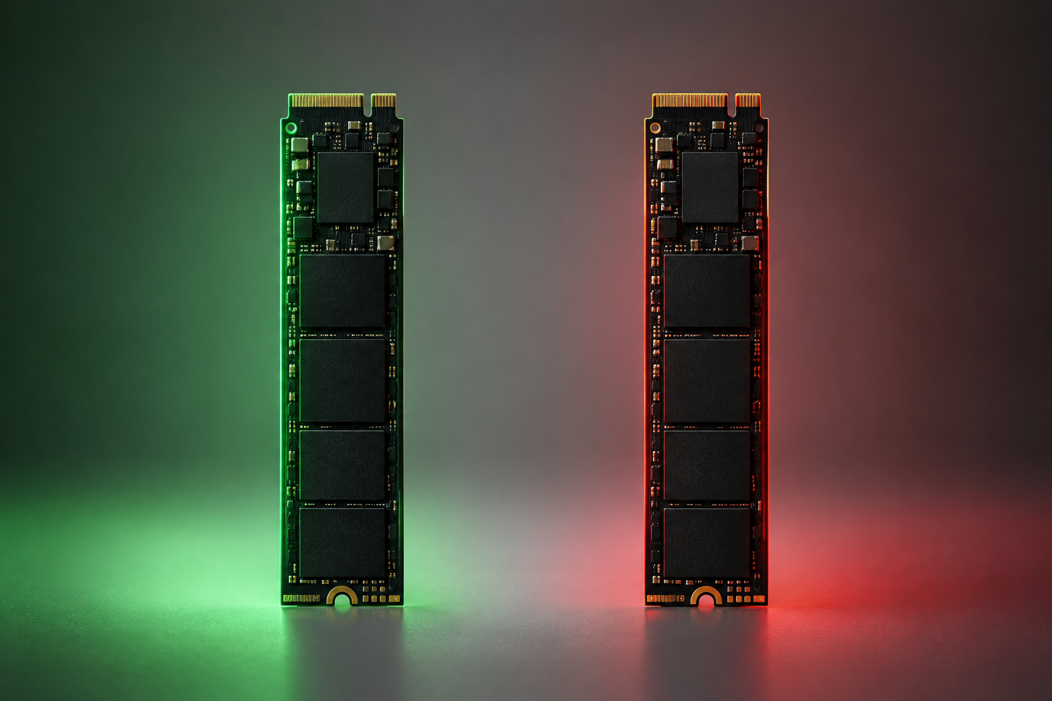 Two SSDs contrasted with green healthy lighting and red warning lighting