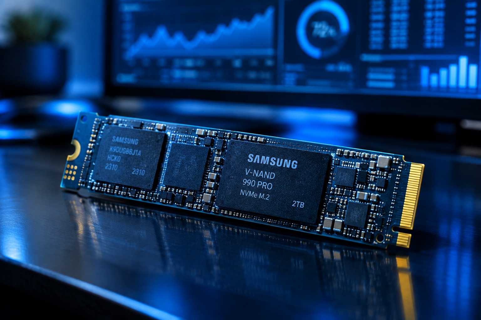 Close-up of an NVMe SSD stick with blurred data readouts in the background
