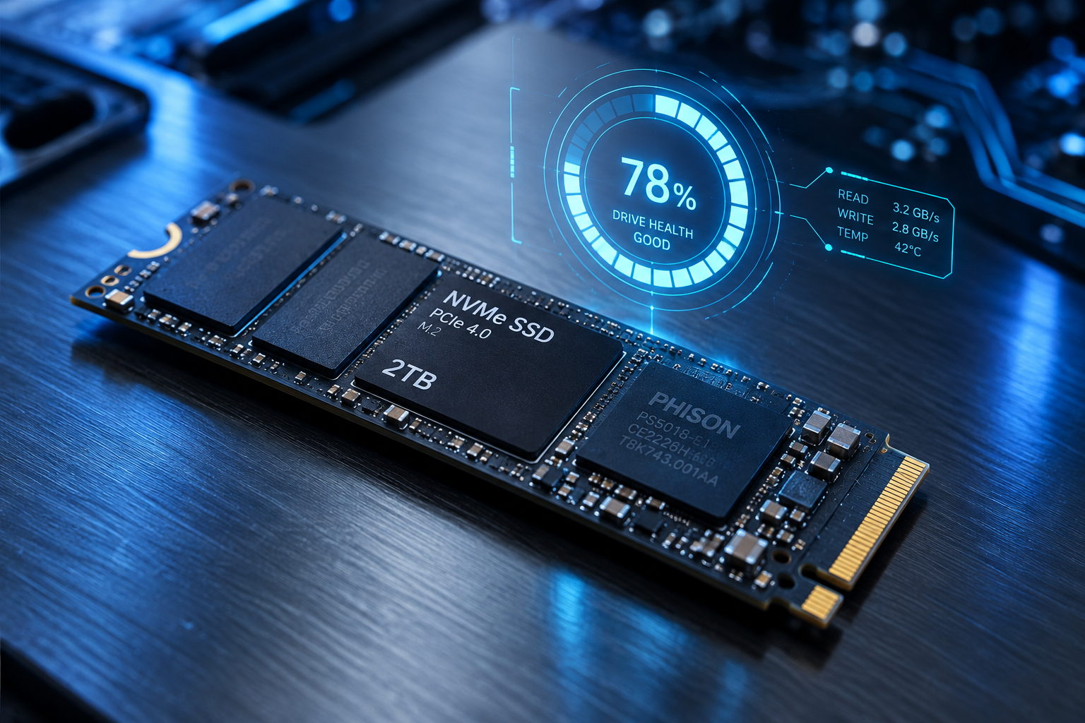 Macro shot of an NVMe SSD with a glowing digital gauge overlay representing percentage used