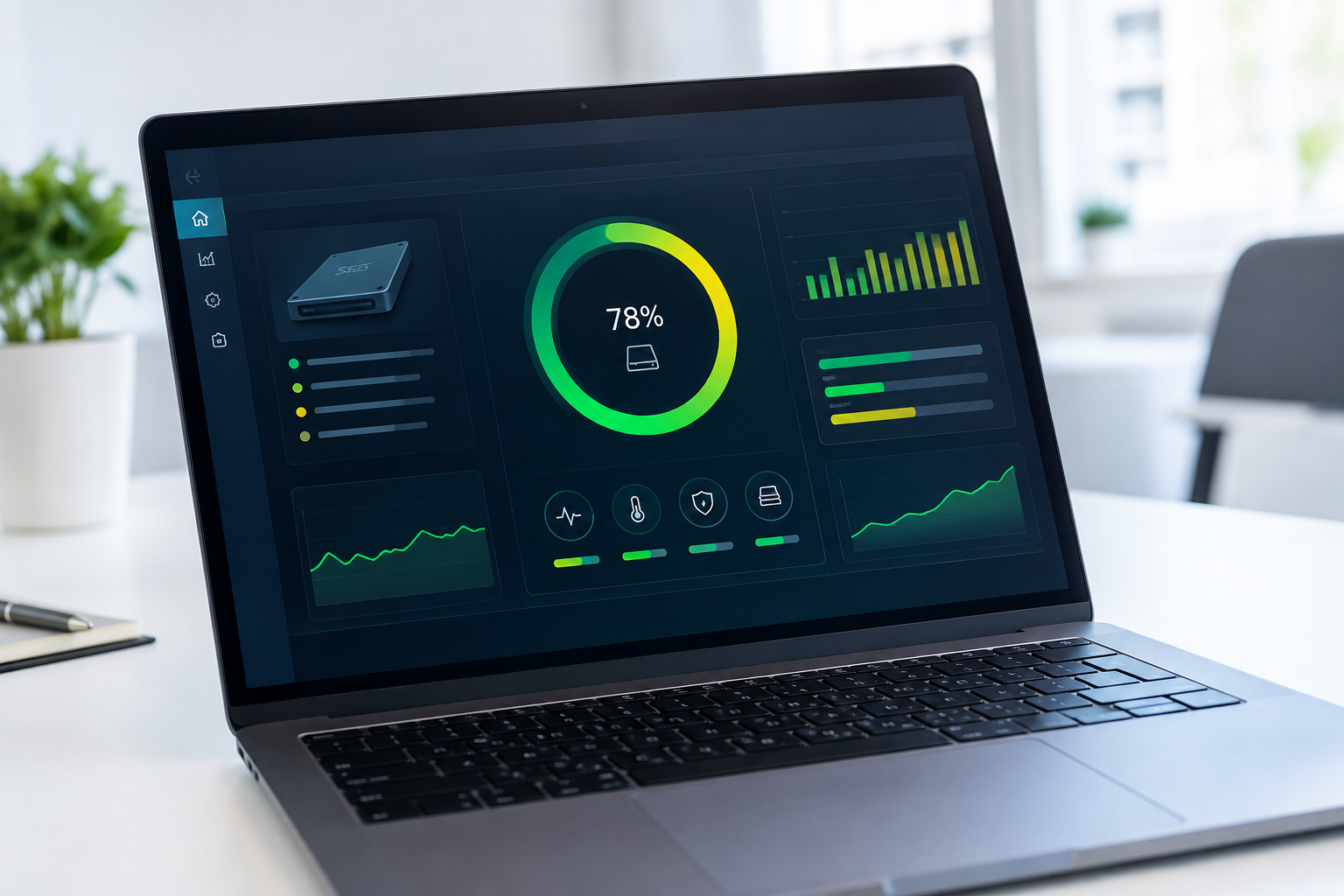 Laptop screen showing an SSD health percentage gauge dashboard with charts and indicators