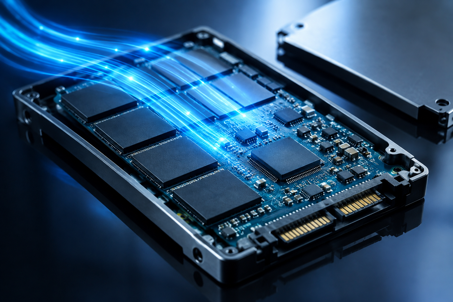 Close-up of an SSD circuit board with glowing light streaks representing data being written, illustrating the concept of TBW