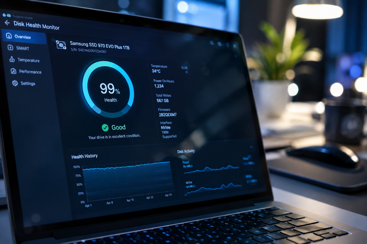 Laptop screen showing an SSD health percentage gauge in a monitoring application