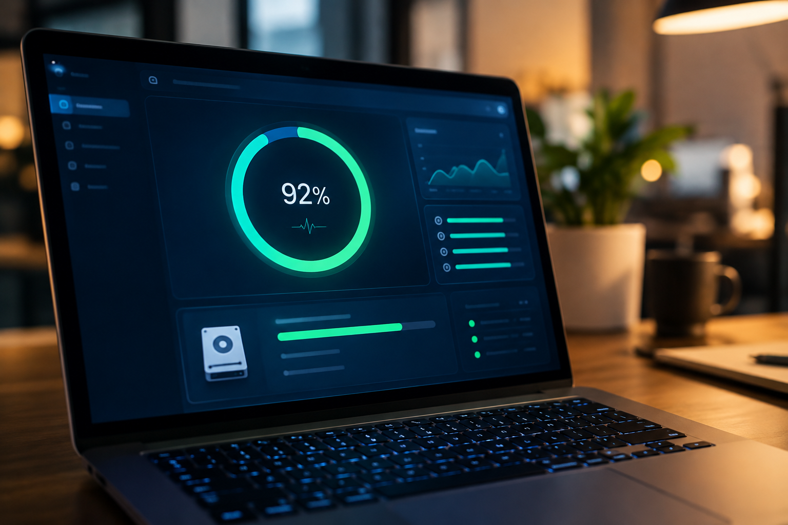 Laptop screen showing an SSD health percentage gauge in a disk monitoring tool