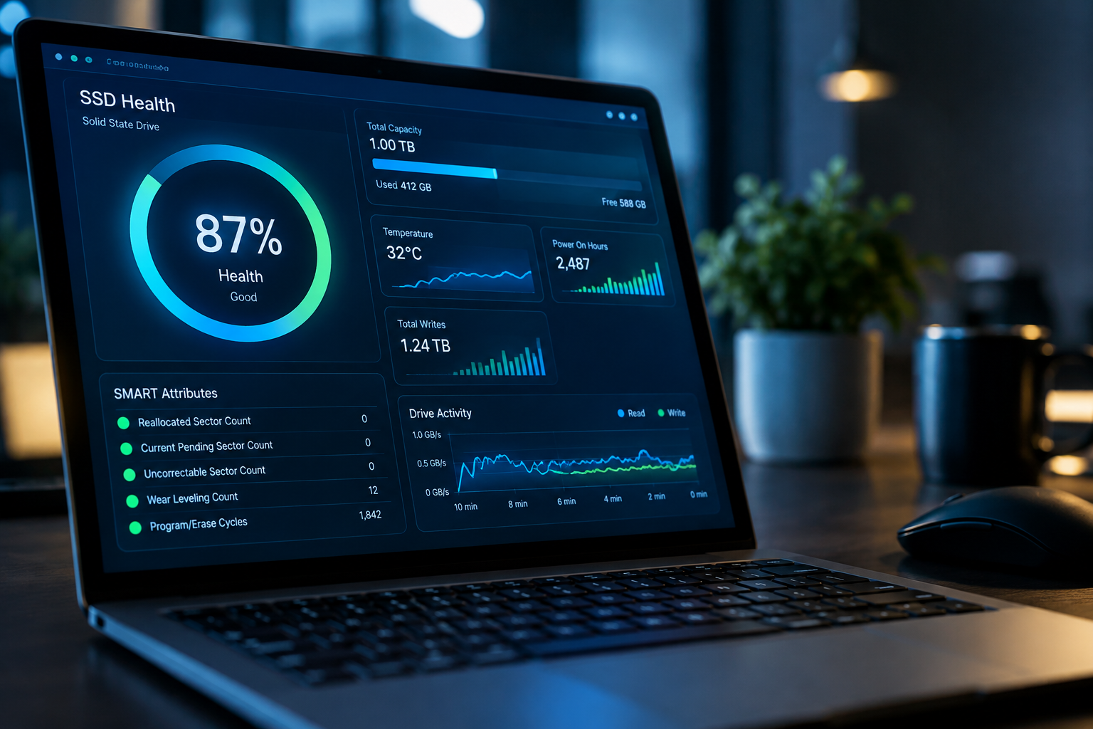 Laptop screen showing an SSD health percentage dashboard with a circular gauge