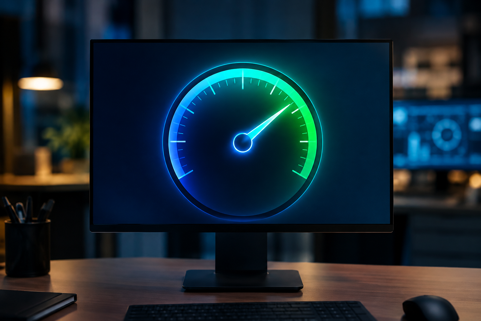 Monitor displaying a glowing health gauge dial representing drive health percentage