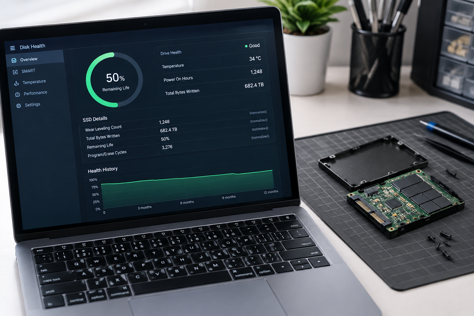 Laptop screen showing SSD health monitoring software next to a disassembled solid state drive
