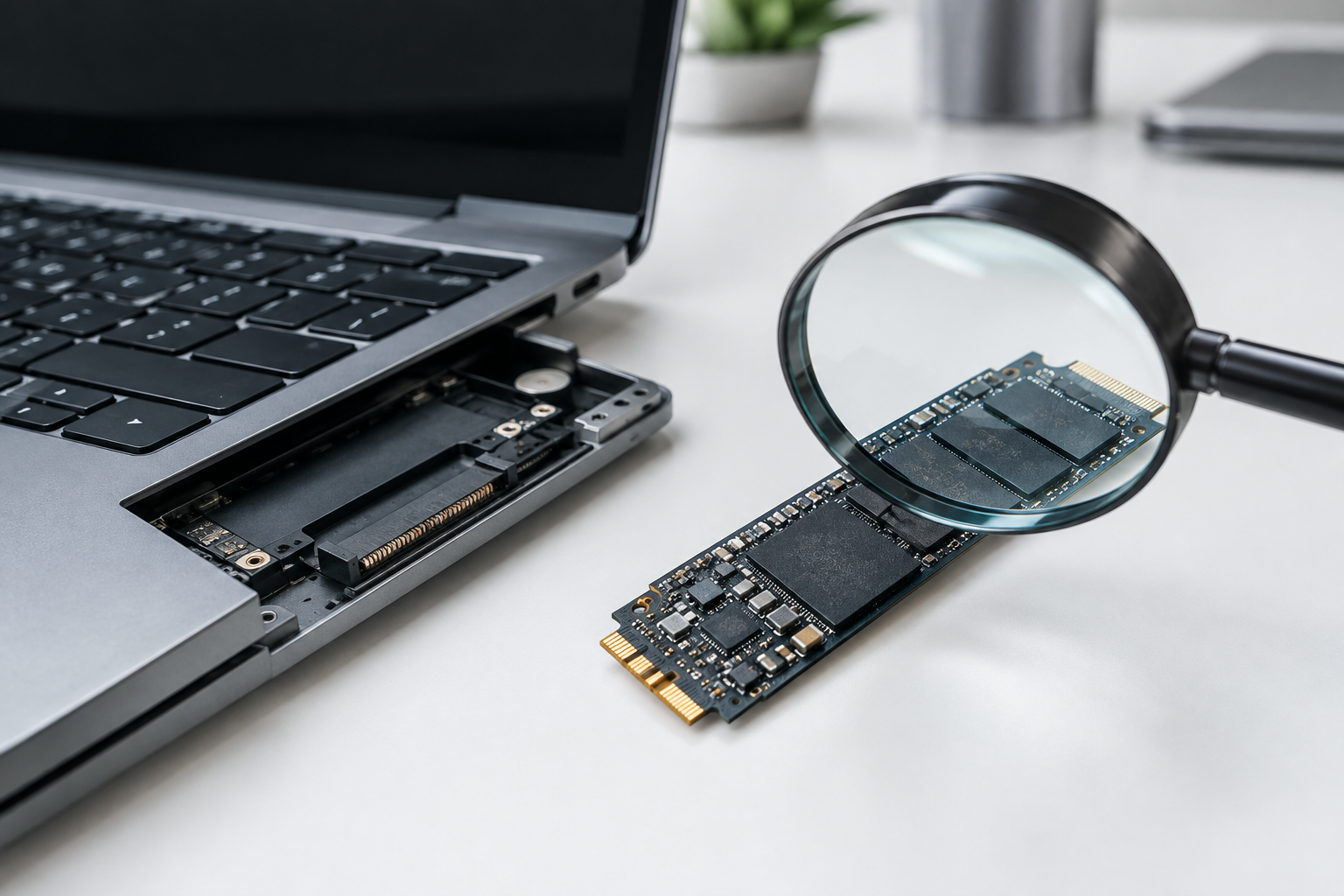 Close-up of an SSD drive being inspected next to a laptop, representing SSD health data