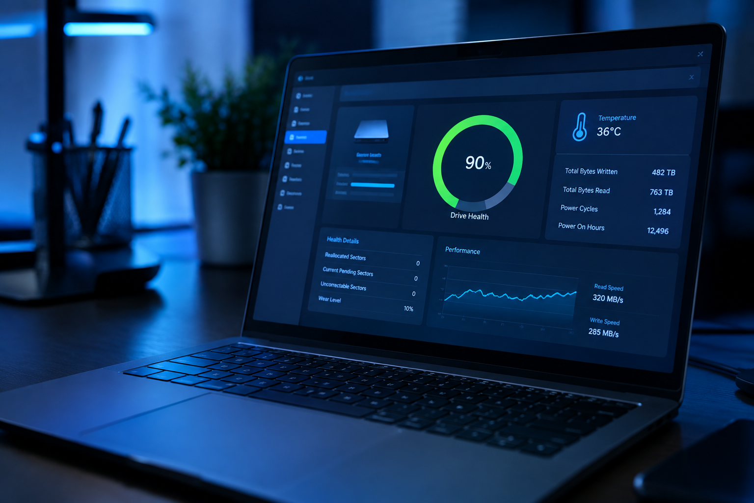 Laptop screen showing an SSD health monitoring dashboard with a percentage gauge