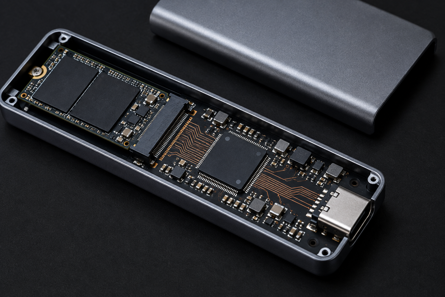 Internal view of an SSD enclosure showing the bridge chip connecting the M.2 drive to USB port