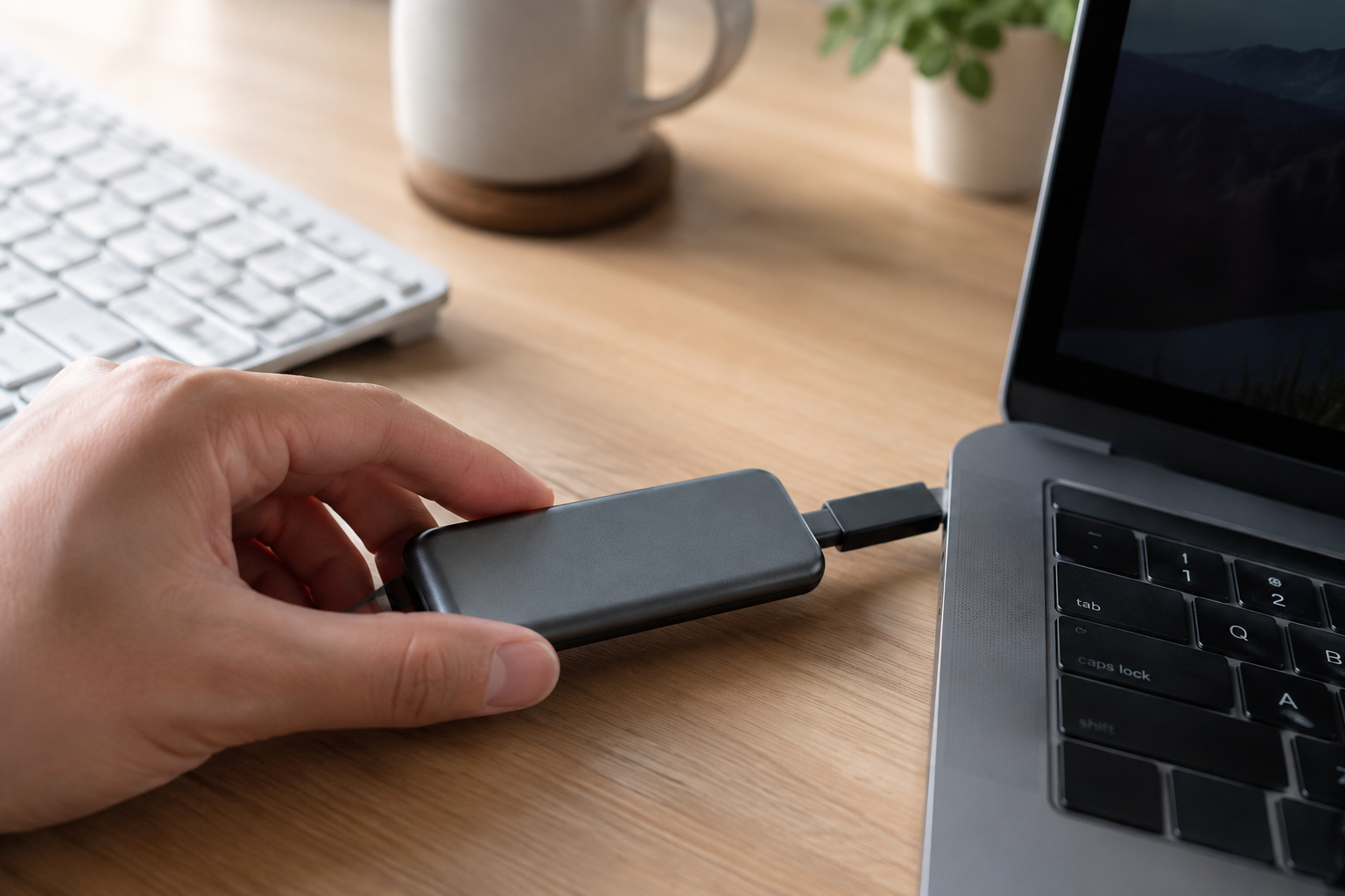 Person connecting an external SSD drive to a laptop via USB-C