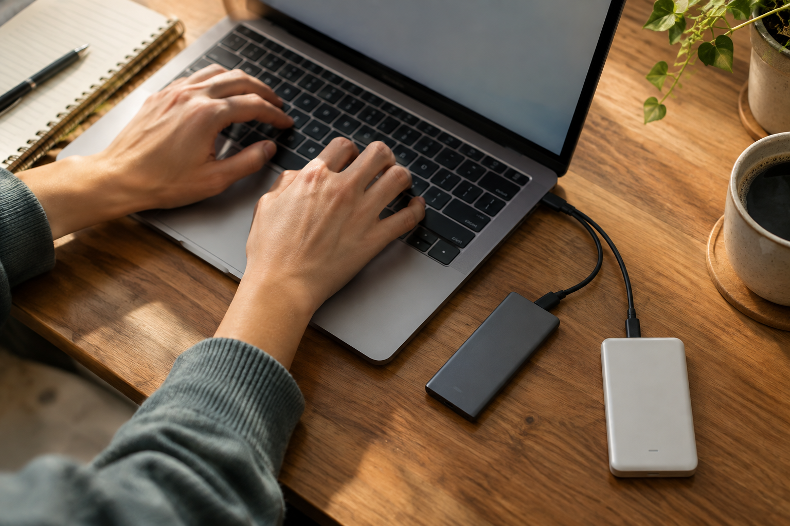 Person backing up data with an external SSD and USB drive on a desk