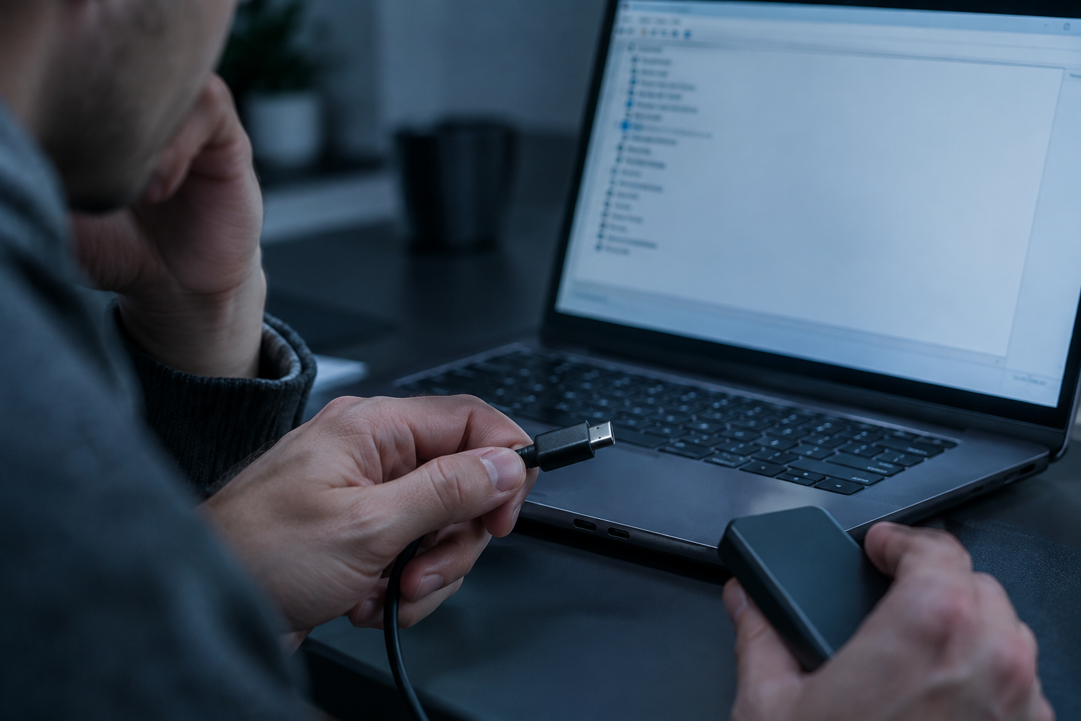 Person troubleshooting a USB connection after an SSD is not detected by the computer
