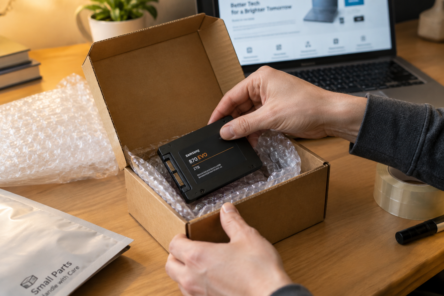 Person packing an SSD into a box for shipping after warranty expiration