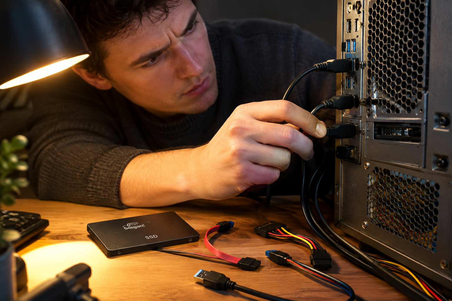 Person troubleshooting cable connections to fix a Seagate SSD that isn't being detected by the computer