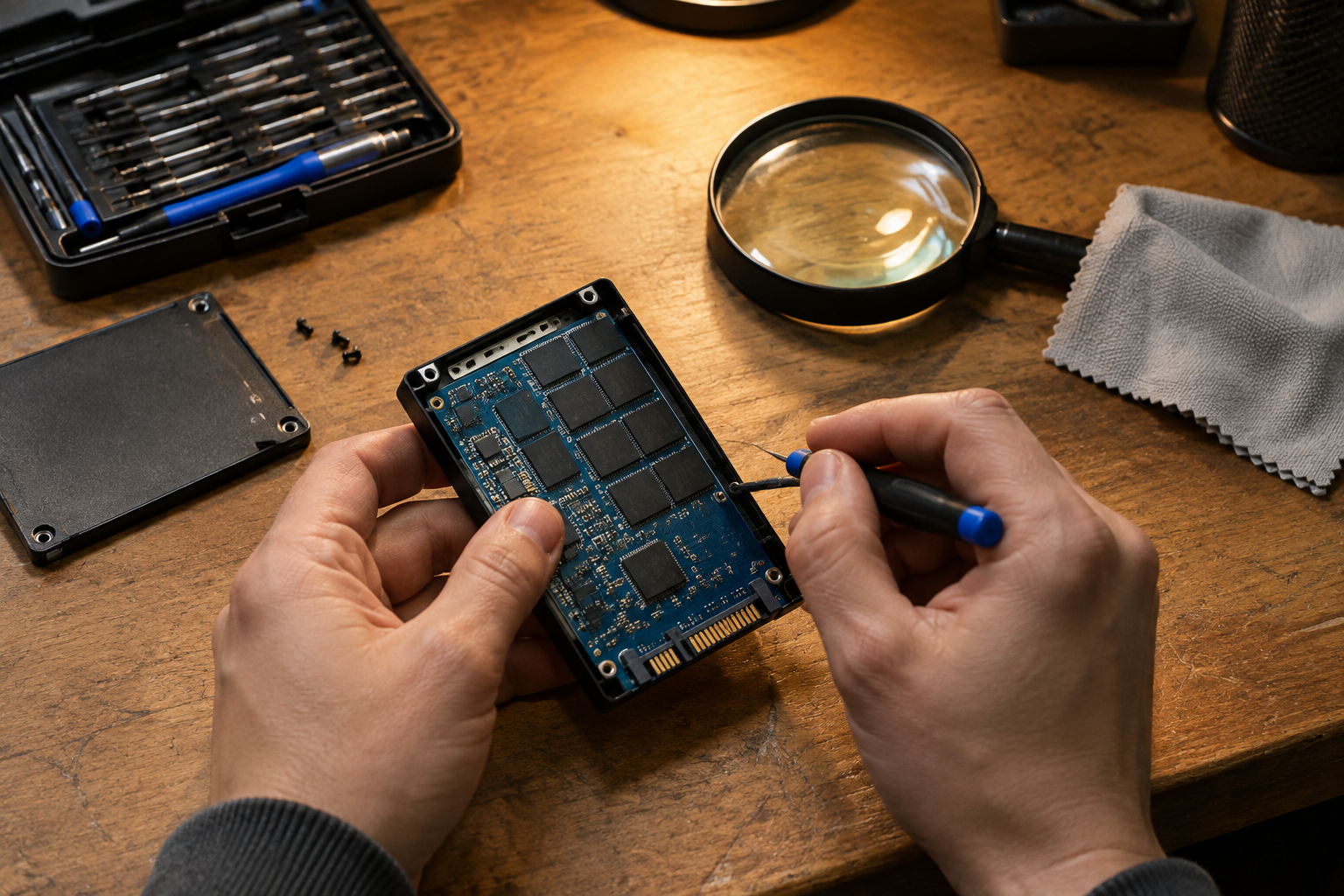 Hands inspecting an SSD drive with tools after warranty has expired