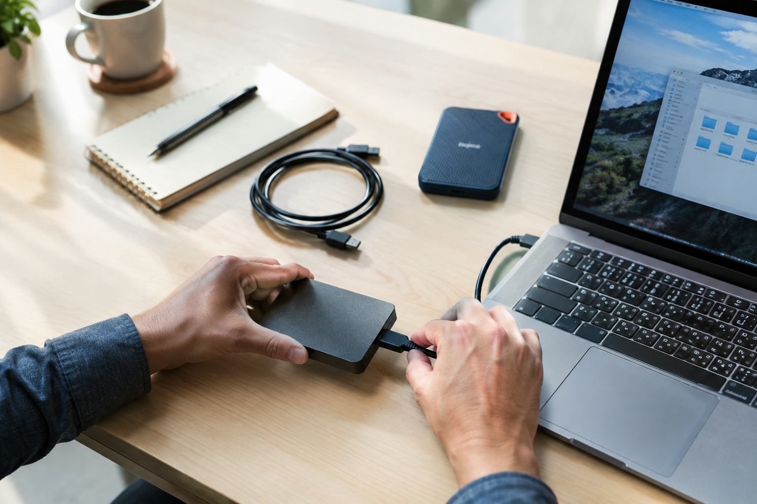 Hands connecting external hard drive to laptop for data backup