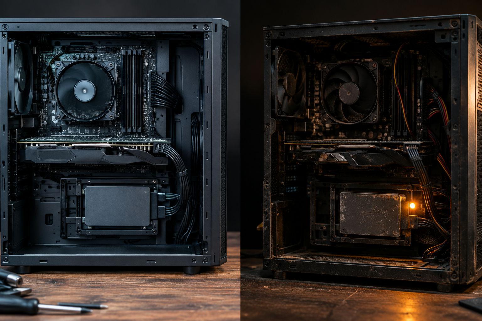Two computer setups comparing normal versus concerning SSD conditions