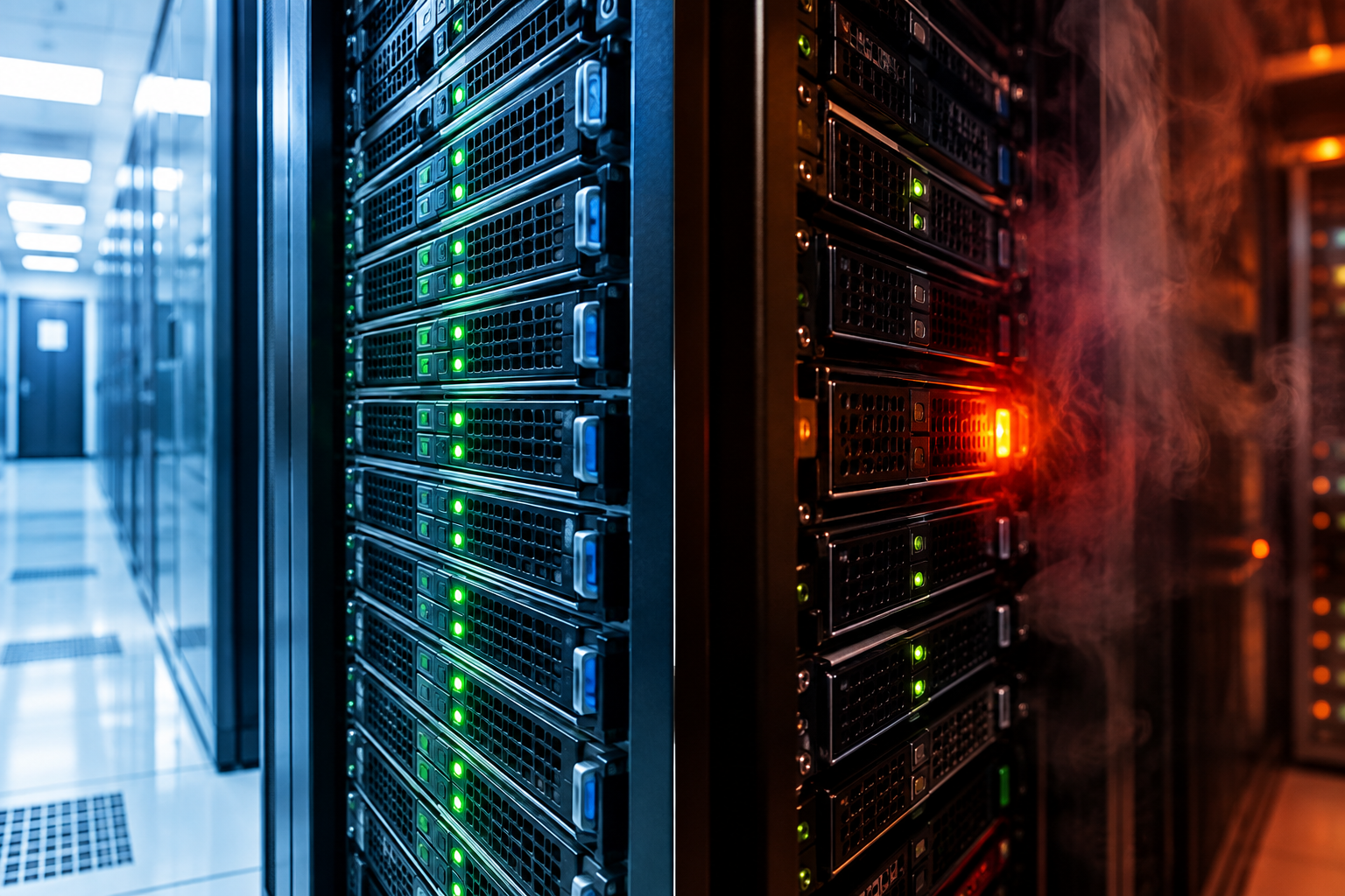 Split image comparing normal green status drive versus warning amber status drive in server racks