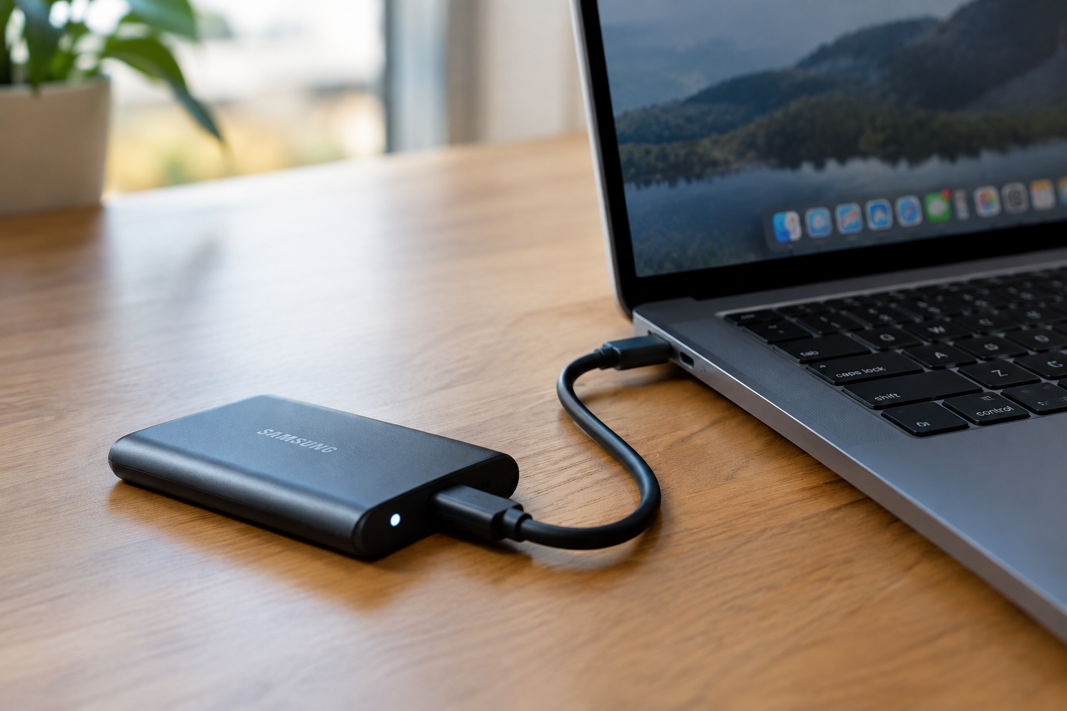 External SSD enclosure connected to a laptop via USB-C cable