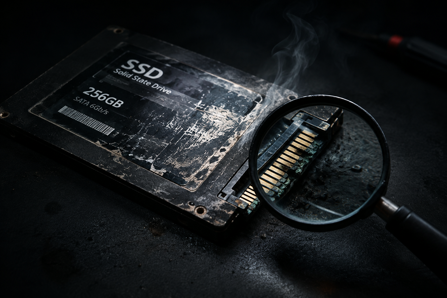 Close-up of a failing SSD showing signs of hardware damage and malfunction