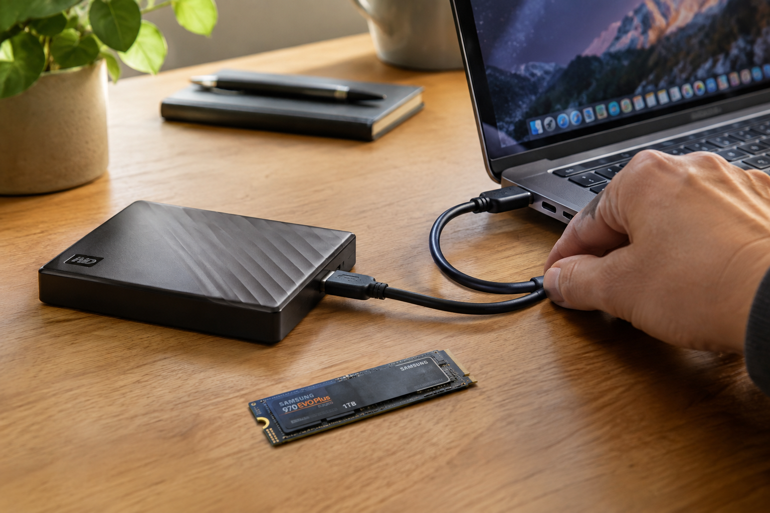 Hand connecting an external backup drive to a laptop with a replacement SSD nearby