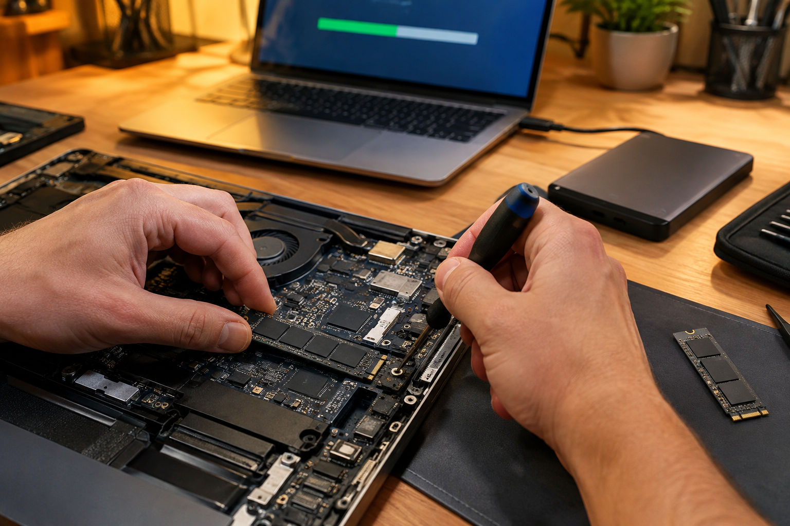 Hands replacing an NVMe SSD in a laptop with a backup drive visible in the background