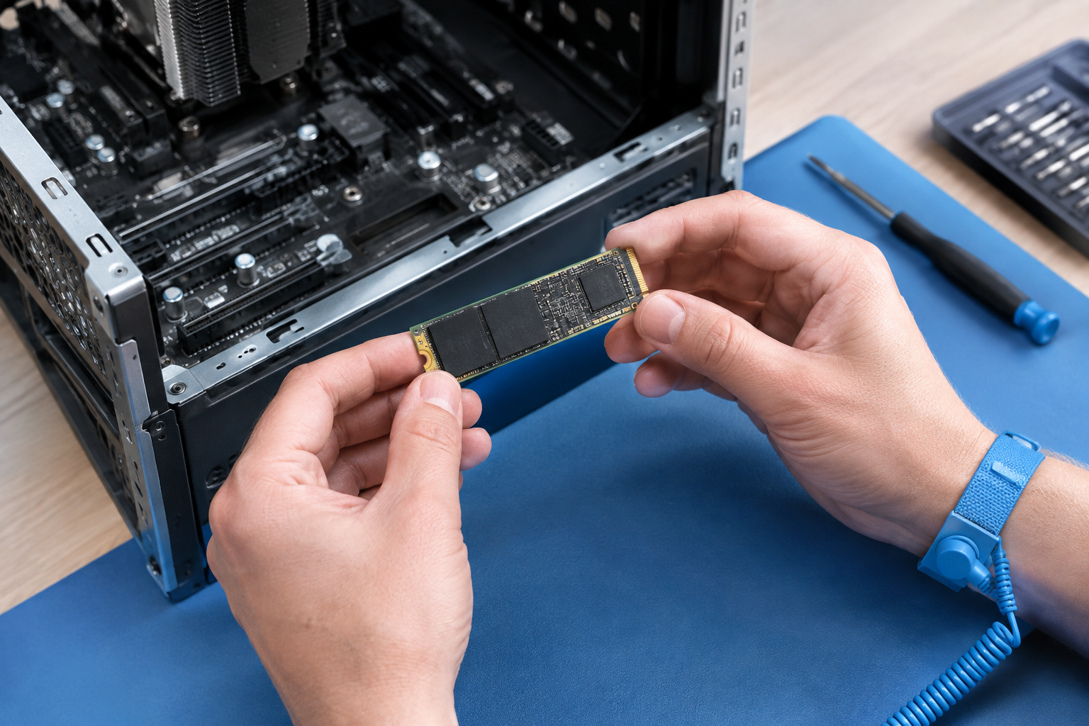 Technician holding an M.2 SSD above an open computer case, preparing to reset the drive