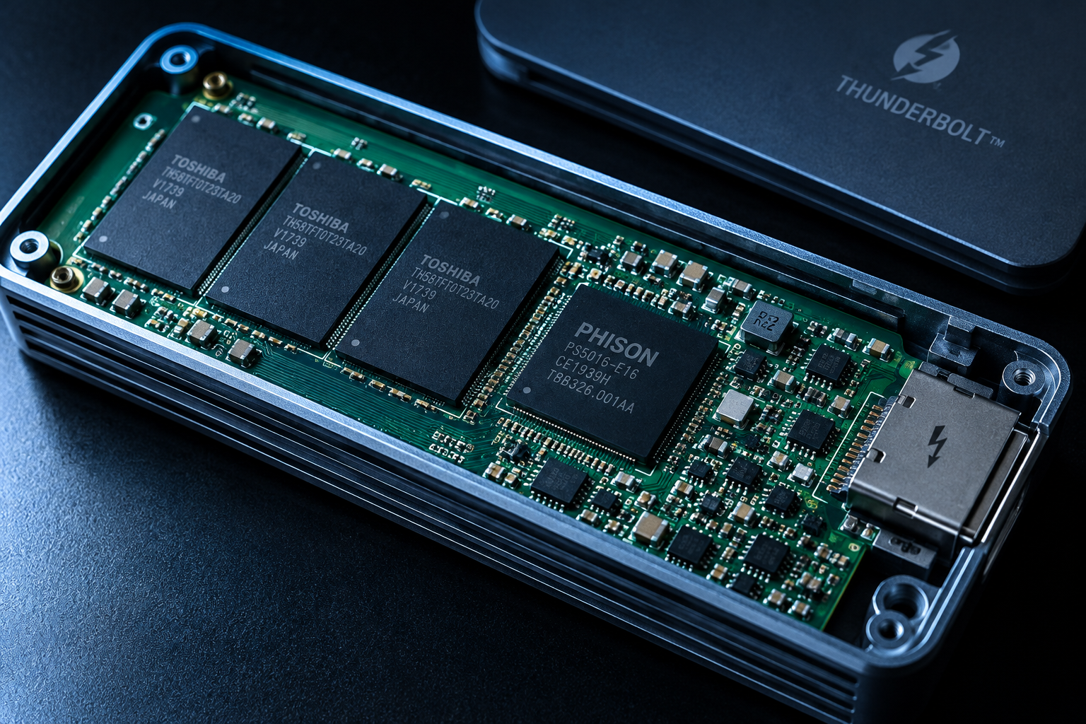 Internal components of an SSD enclosure showing controller and interface chips