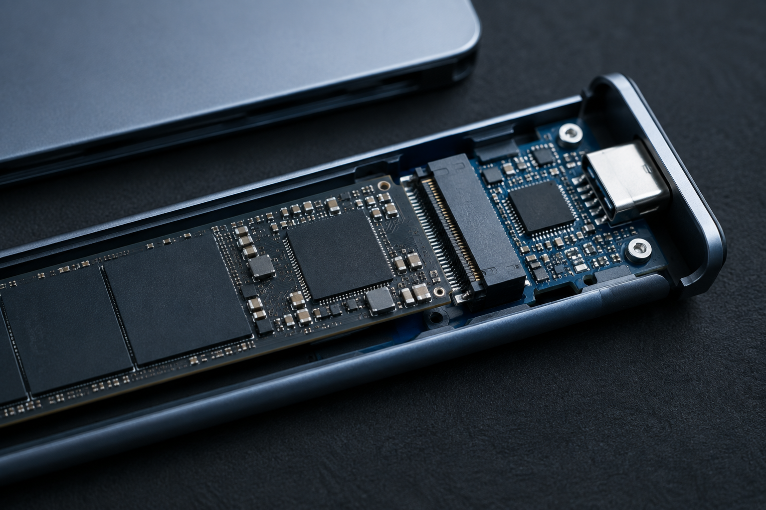Close-up of an open NVMe enclosure showing the SSD and USB bridge chip connection