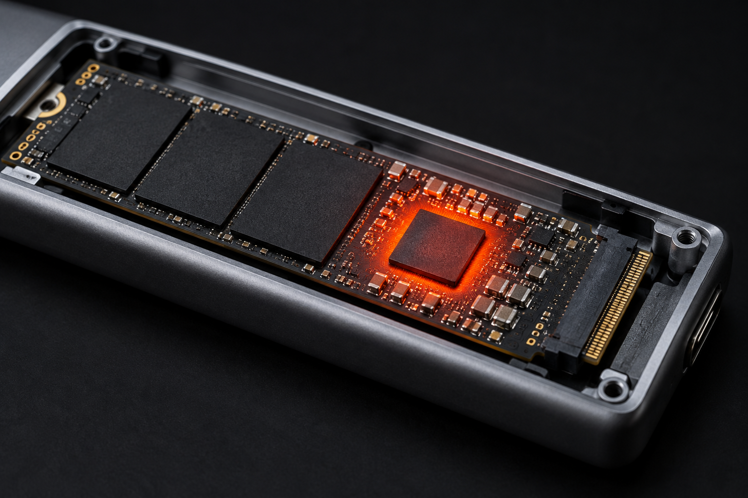 Close-up of an external SSD circuit board showing heat concentration around the controller chip