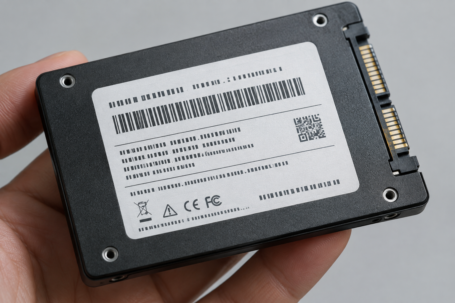 Close-up of a Samsung SSD showing the label area where the serial number is printed