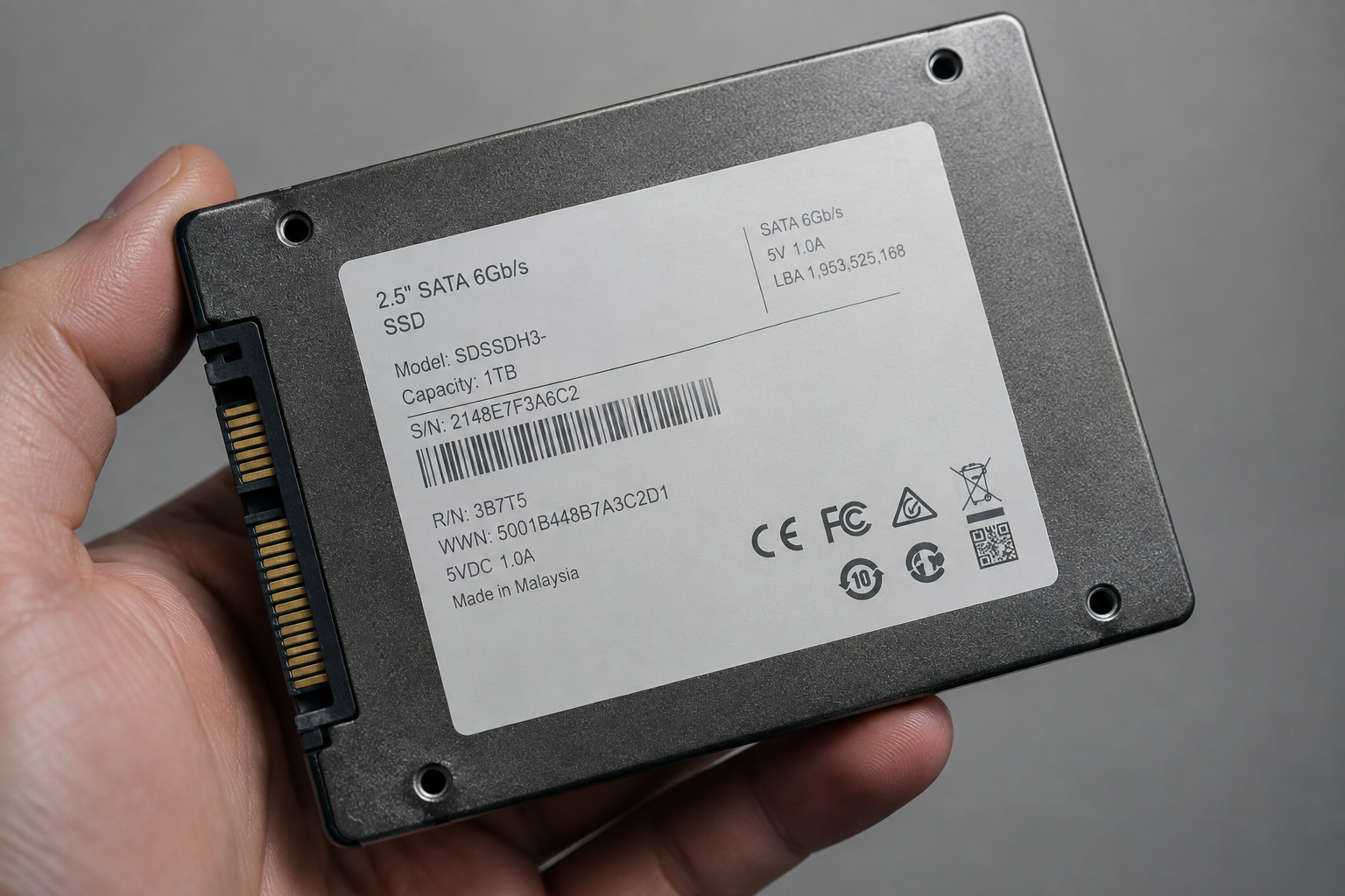 Close-up of a SanDisk SSD label area showing where the serial number is located