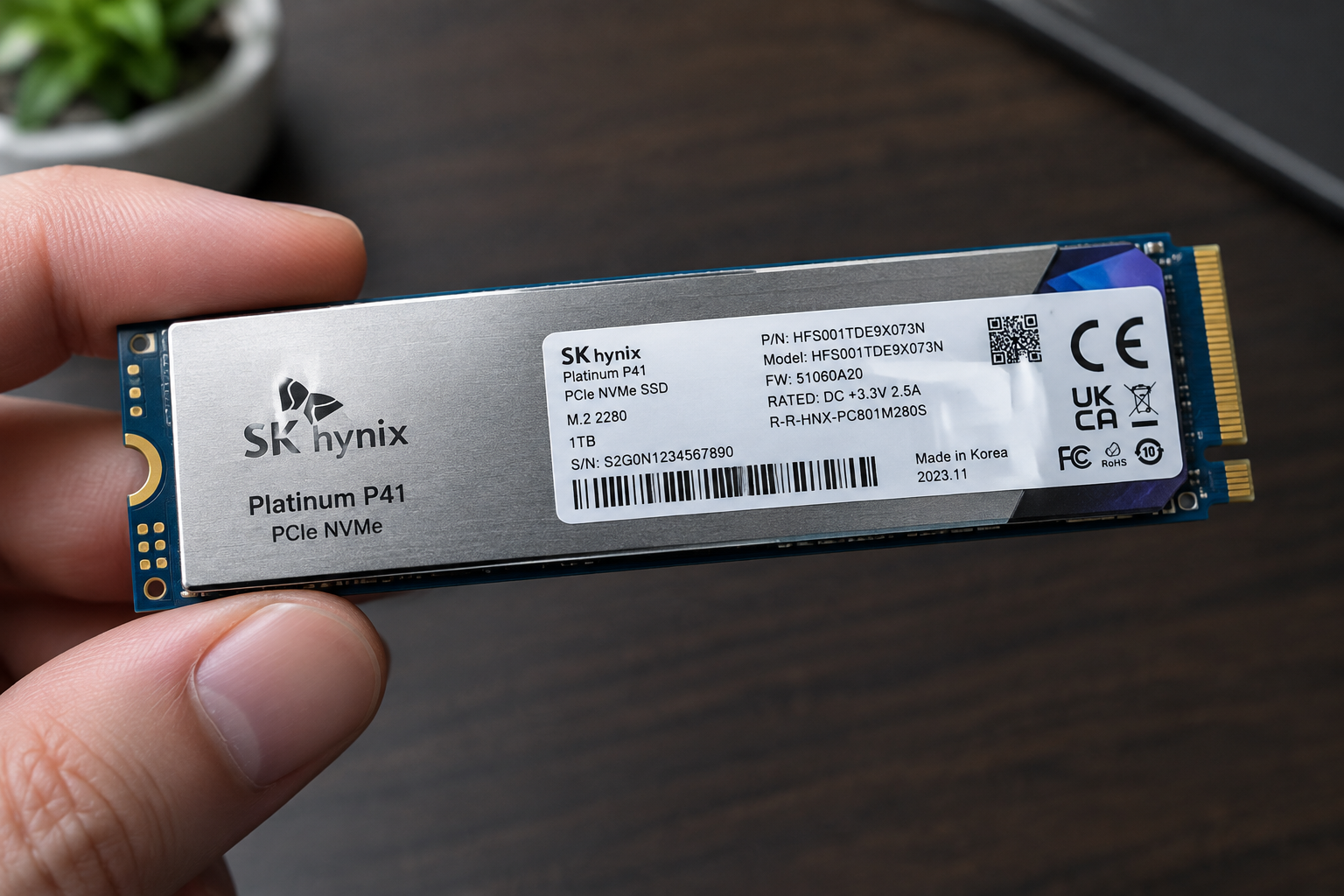 Close-up of an SK hynix SSD label showing the serial number location