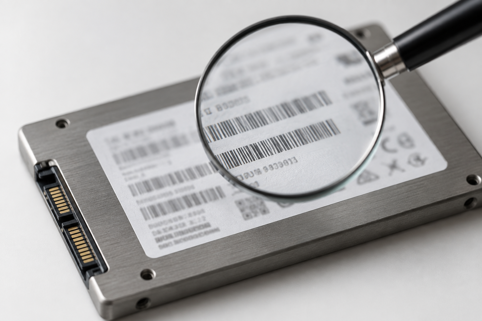 Close-up of a Western Digital SSD with a magnifying glass highlighting the label area