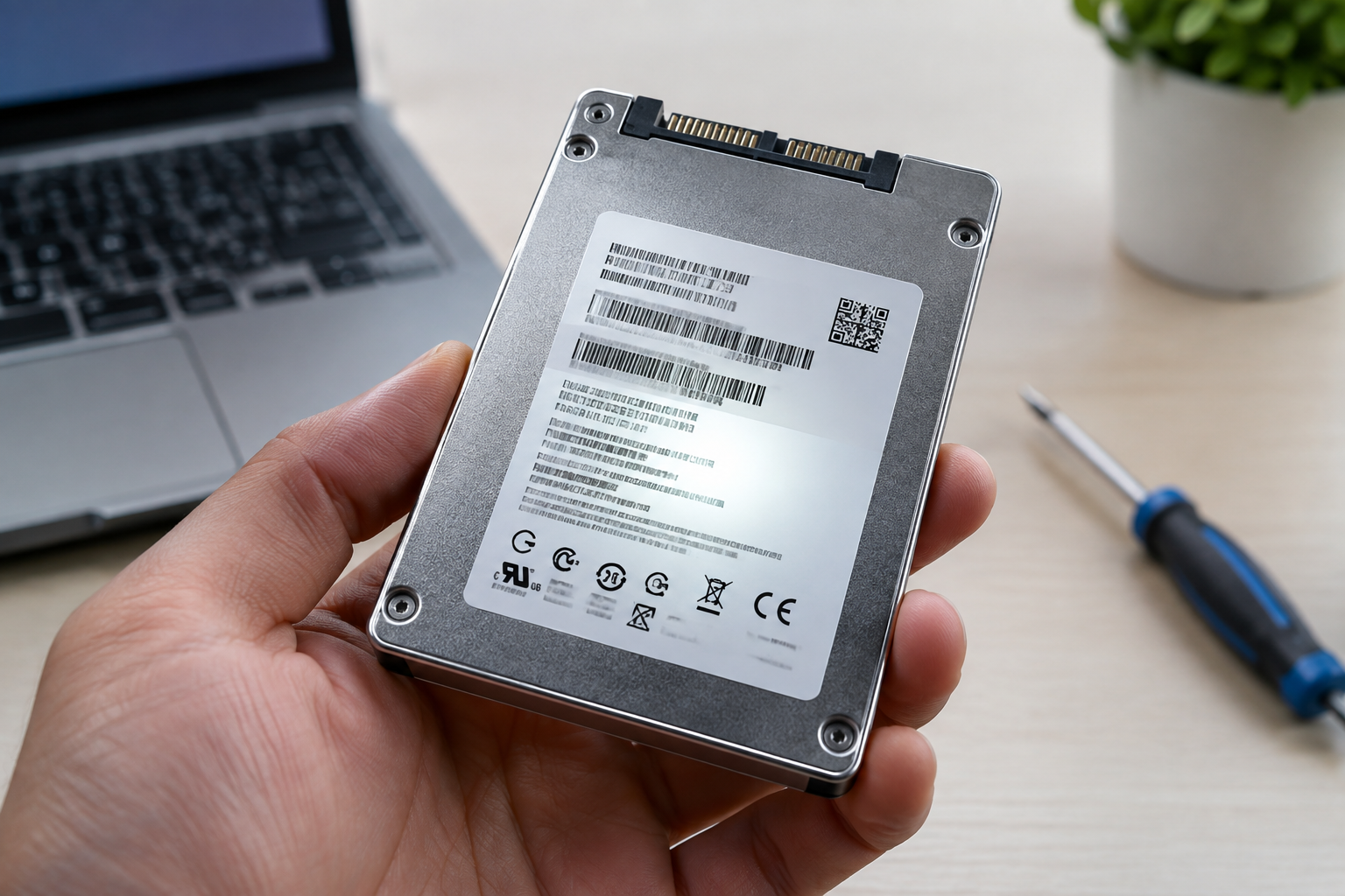 Close-up of a Seagate SSD showing the label area where the serial number is printed