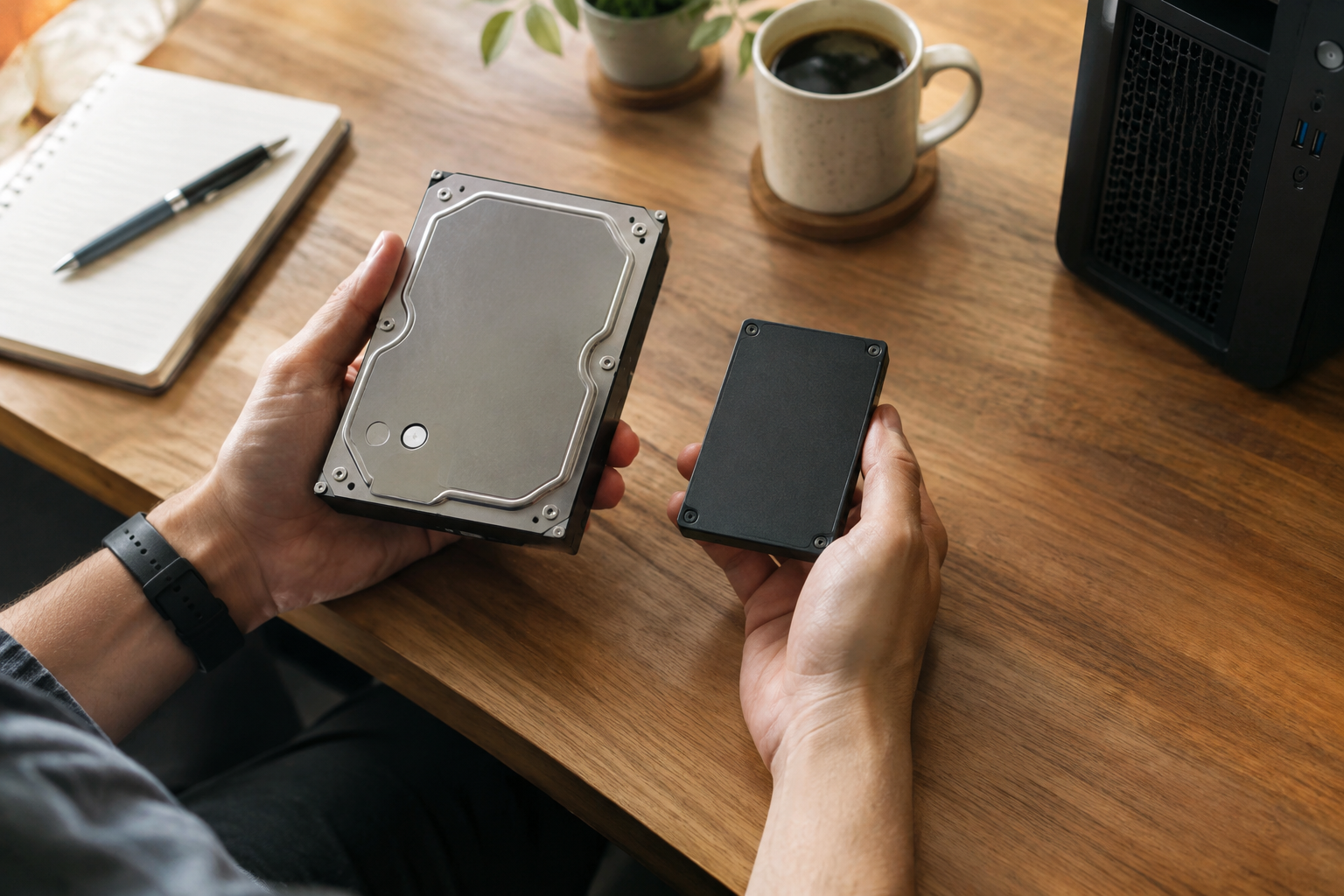 Person comparing two different hard drives to decide which to purchase