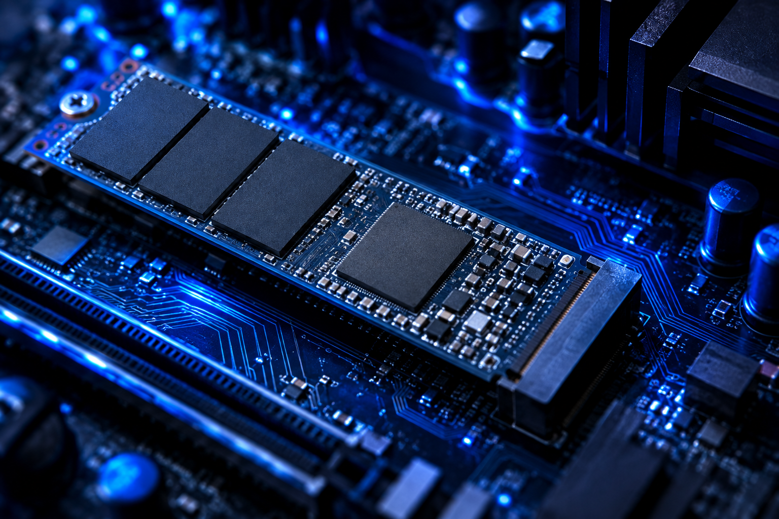 Close-up of an NVMe SSD installed on a motherboard with blue lighting
