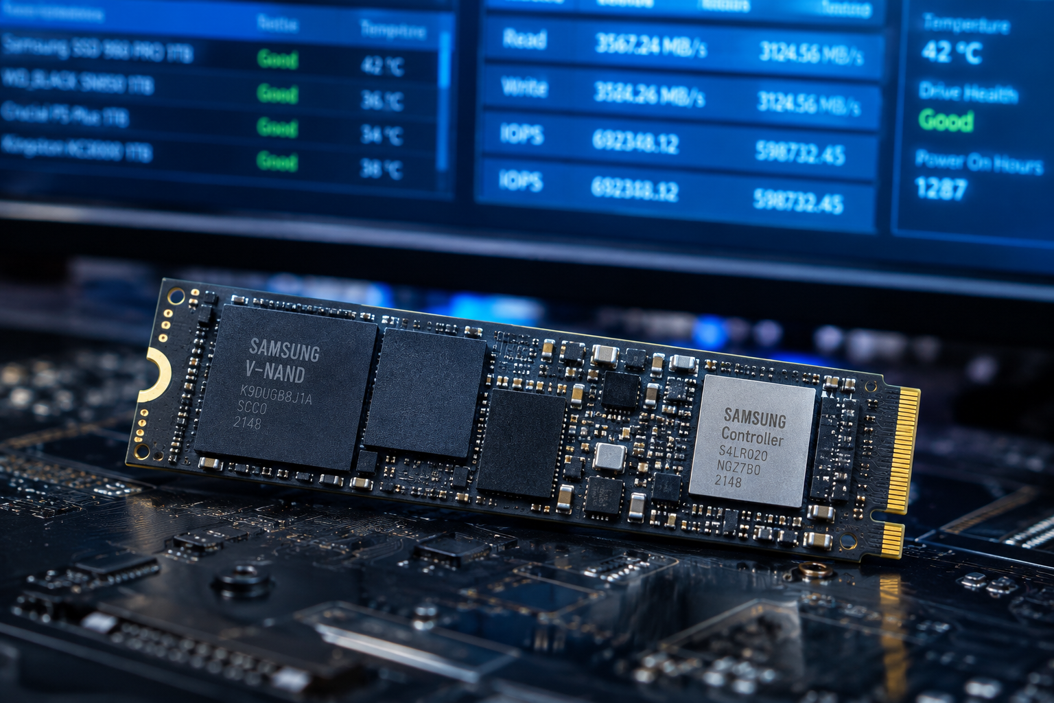 Close-up of an NVMe SSD with technical data displayed in the background