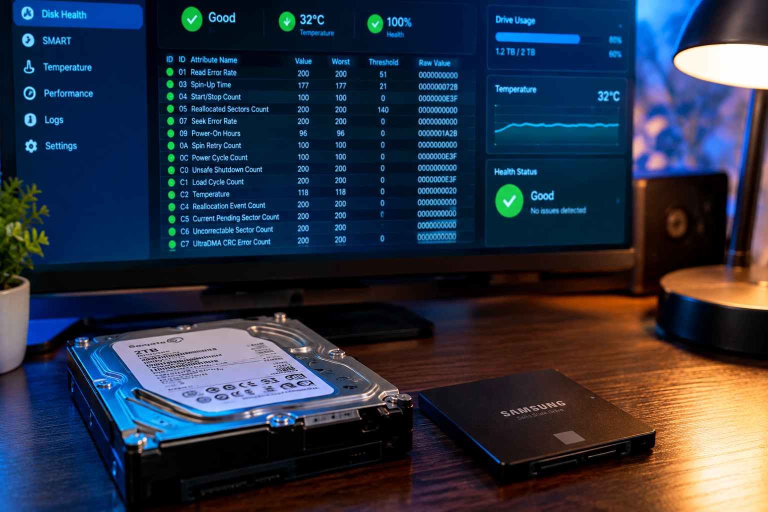 Computer monitor showing disk diagnostic data with hard drive and SSD on desk