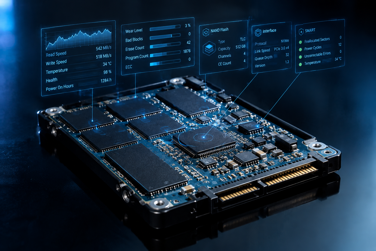 Close-up of an SSD circuit board with diagnostic data overlay indicators