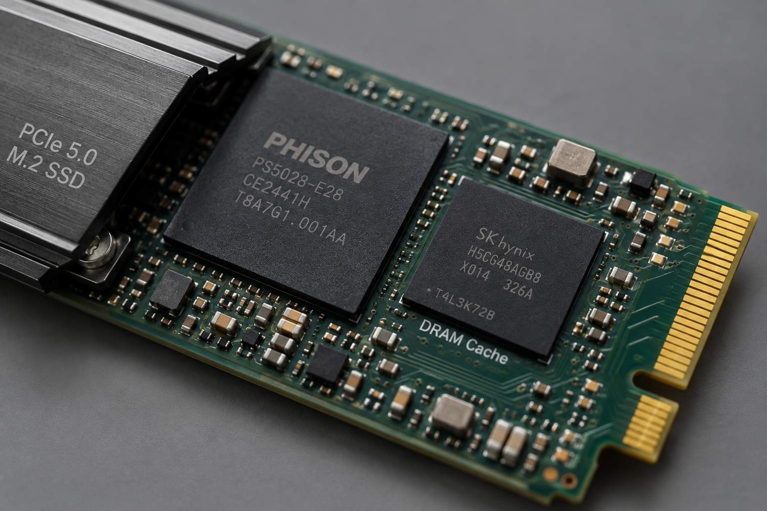 Close-up of DRAM cache chip on a PCIe 5.0 SSD circuit board