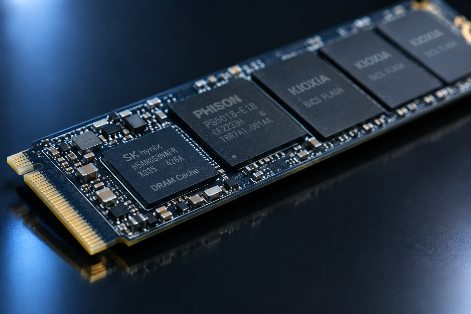 Macro shot of an NVMe SSD circuit board highlighting the DRAM cache chip