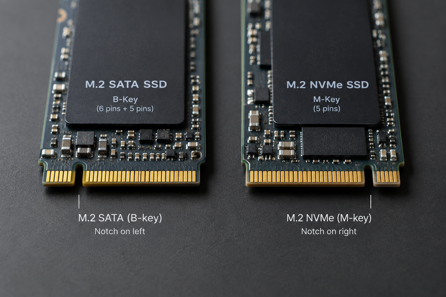Close-up comparison of M.2 SATA and M.2 NVMe SSD connector notches