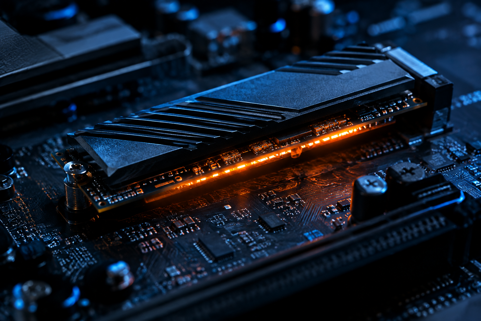 Close-up of an NVMe SSD with glowing chip representing advanced performance beyond raw speed