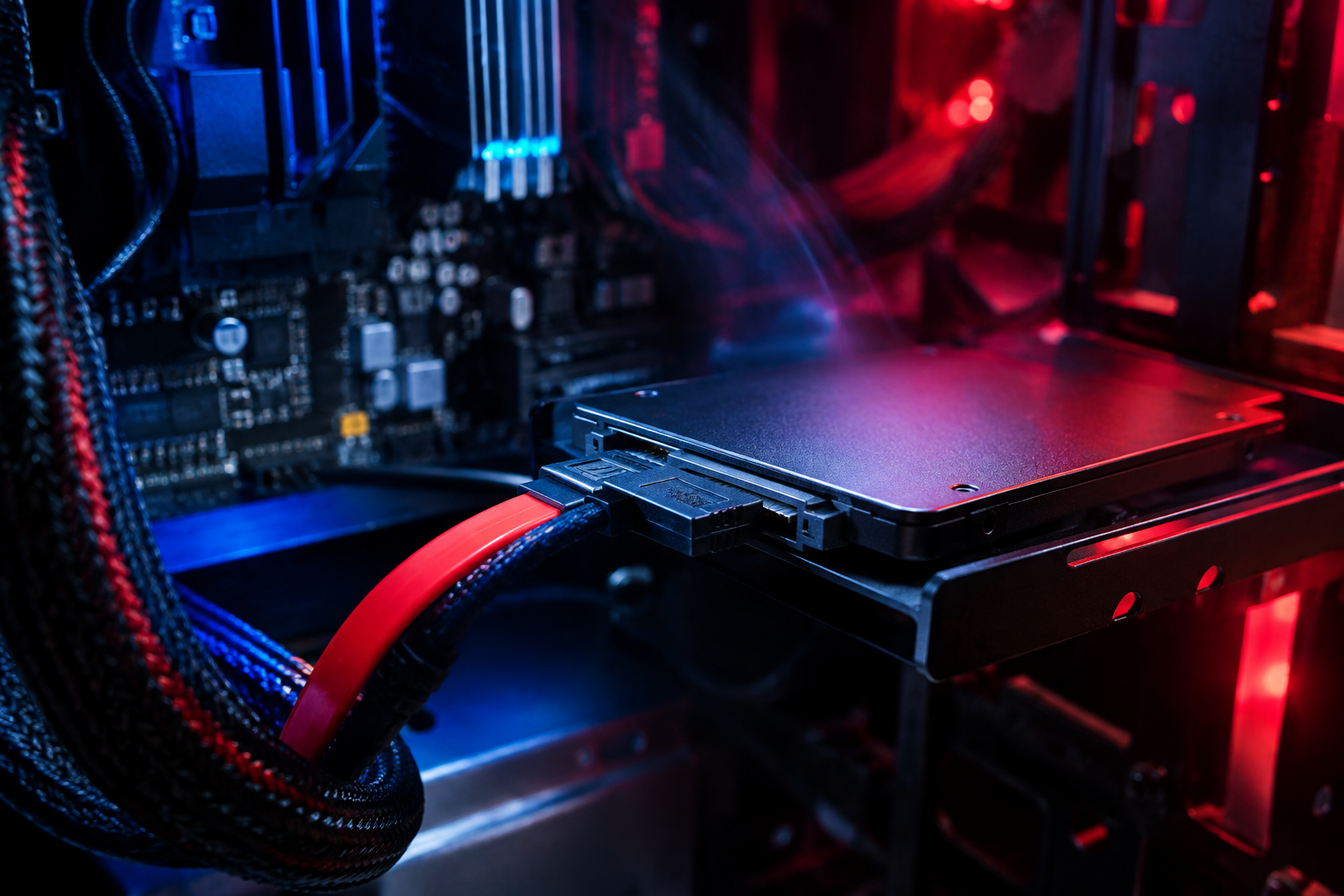 Internal PC hardware showing SSD and SATA cable connection representing real-world performance factors