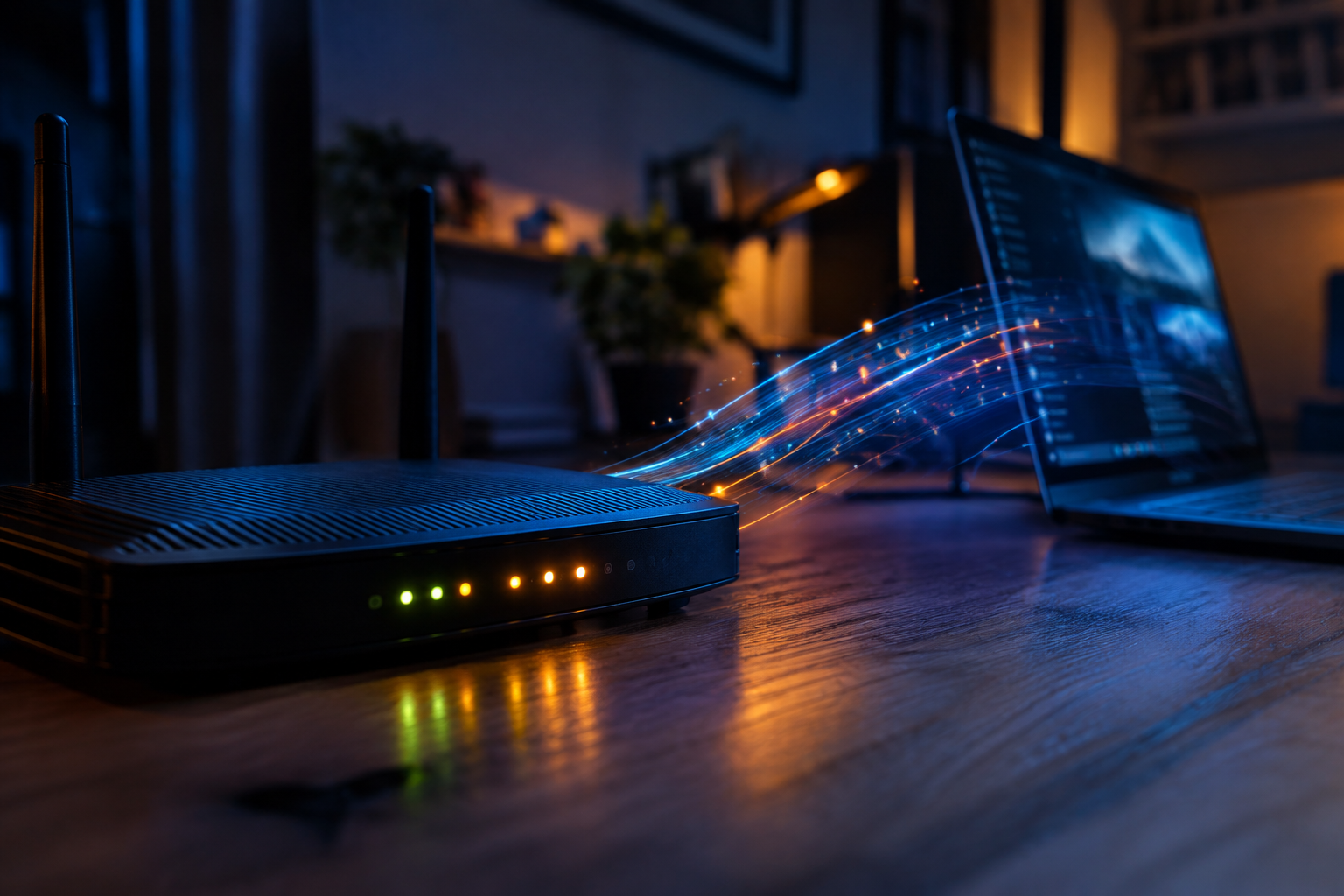 Router with blinking lights and visualized data stream illustrating real-world speed loss