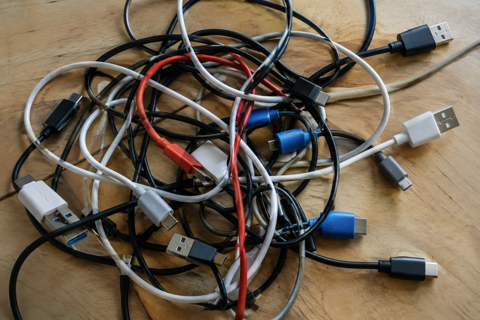 Tangled pile of different USB cables symbolizing confusing USB naming conventions