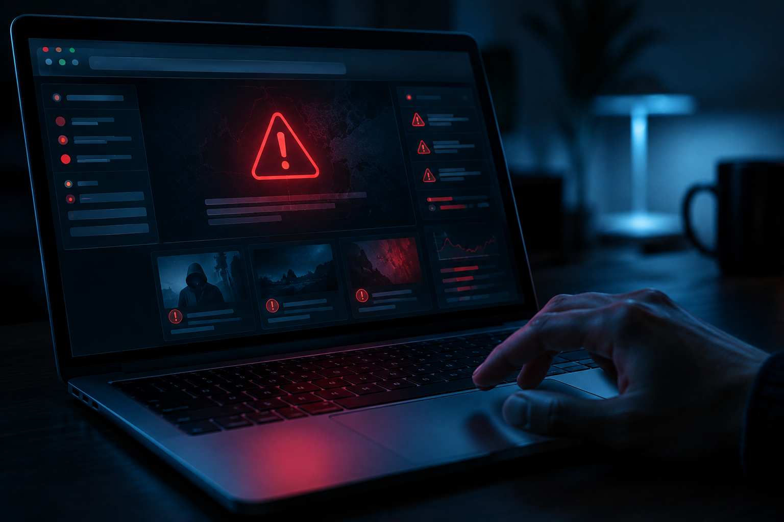 Laptop displaying warning symbols representing risks of third-party lookup sites